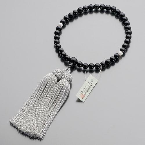 Buddhist Altar Shop Takita Shoten Buddhist Prayer Beads for Women, Black Onyx and Two-Ten Freshwater Pearl, 7mm Beads, Silk Tassel with Head, Prayer B