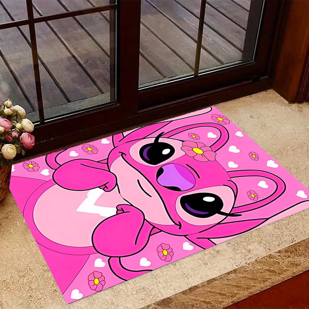 Pink Stitch Heart Background Disney Cartoon Theme Anti-Slip Rug - Polyester, Home Decor, Suitable for Bedrooms, Living Rooms, Doorways, and Studios