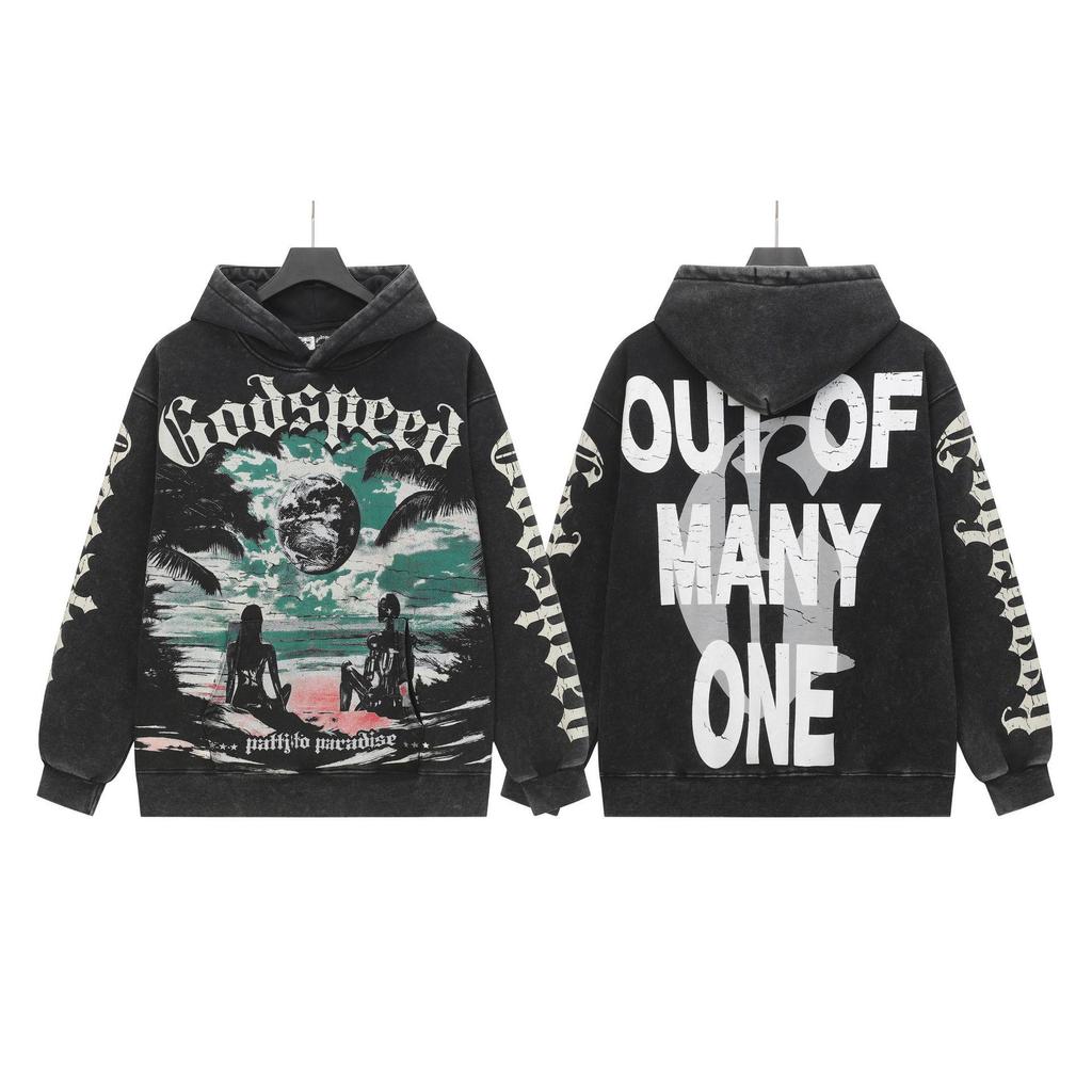 Худи с ретро-принтом 'God Bless America' в стиле рок-стрит, стиранное, повседневное, свободного кроя