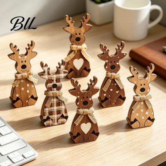 Holiday Wood Ornament Set Wooden Christmas Tabletop Decor, Rustic Reindeer Animal Figurines, Farmhouse Style Traditional American Decor Tiered