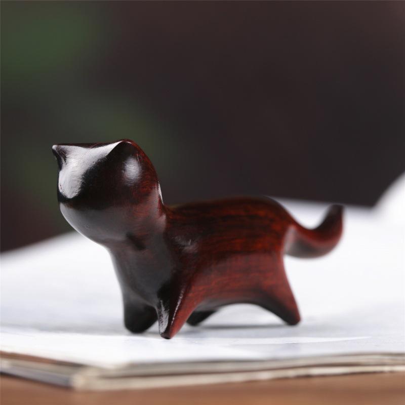 Ebony and Red Sandalwood Kitten Desktop Ornament - Handcrafted Creative Gift