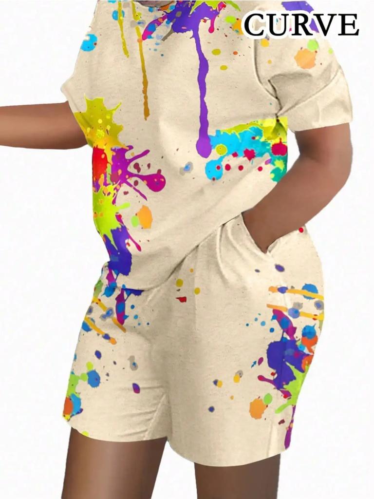 Летние красочные принты женские комплекты из двух частей повседневные футболки с коротким рукавом и круглым вырезом и шорты домашняя одежда шорты с коротким рукавом из двух частей