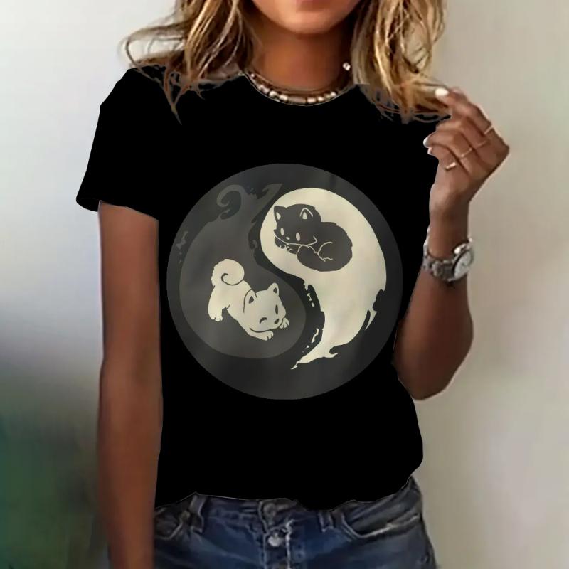 Women's T-shirt Cat Print Short Sleeve Summer Casual Wear Loose Top Fashion Round Neck Short Sleeve Women's Elegant T-shirt