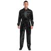 Mens Shiny Metallic Turn Down Collar Long Sleeve High Waist Jumpsuit Halloween Costume