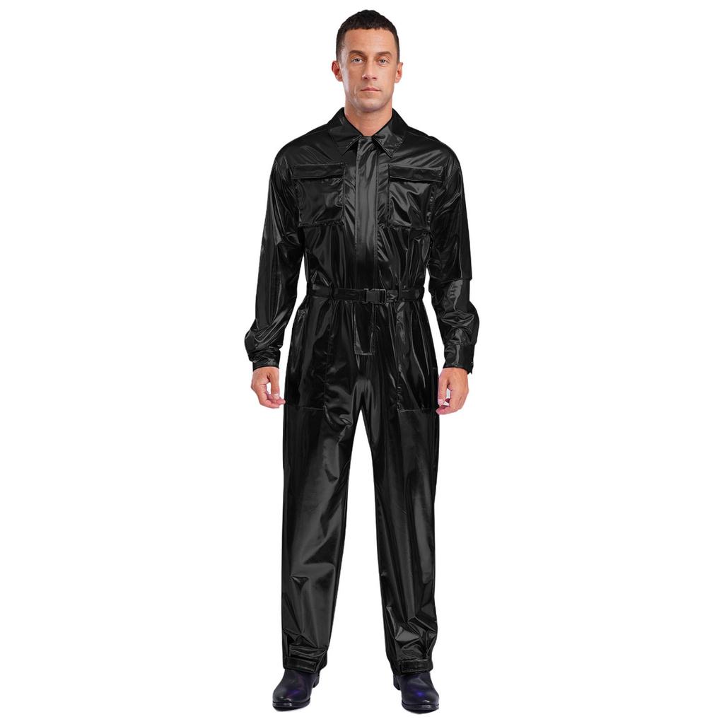 Mens Shiny Metallic Turn Down Collar Long Sleeve High Waist Jumpsuit Halloween Costume