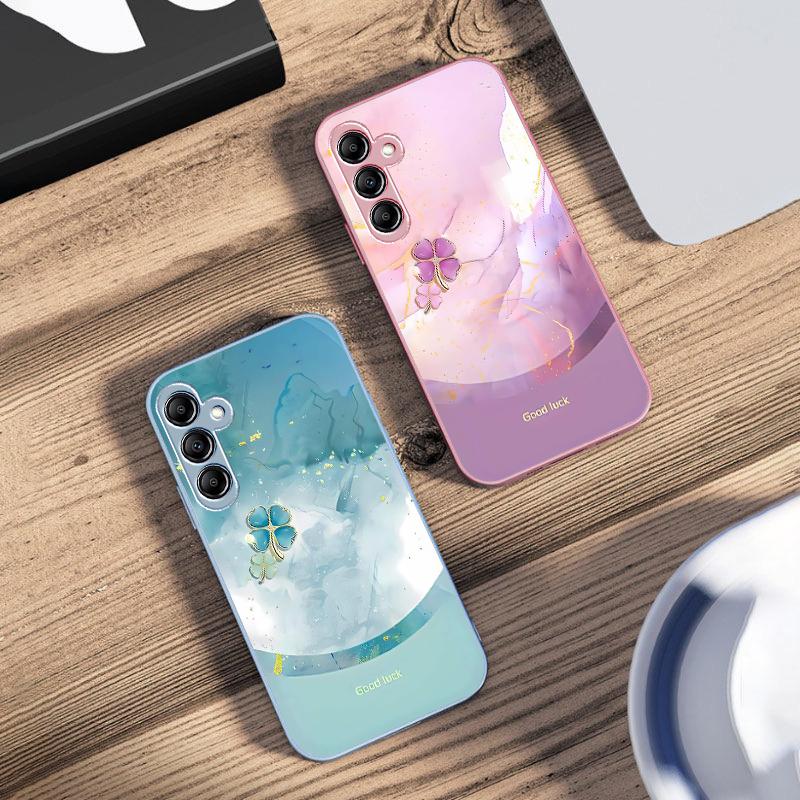 Стеклянный чехол для телефона с градиентом в виде четырехлистника для Samsung Galaxy A14 4G и других - Стильный дизайн на удачу