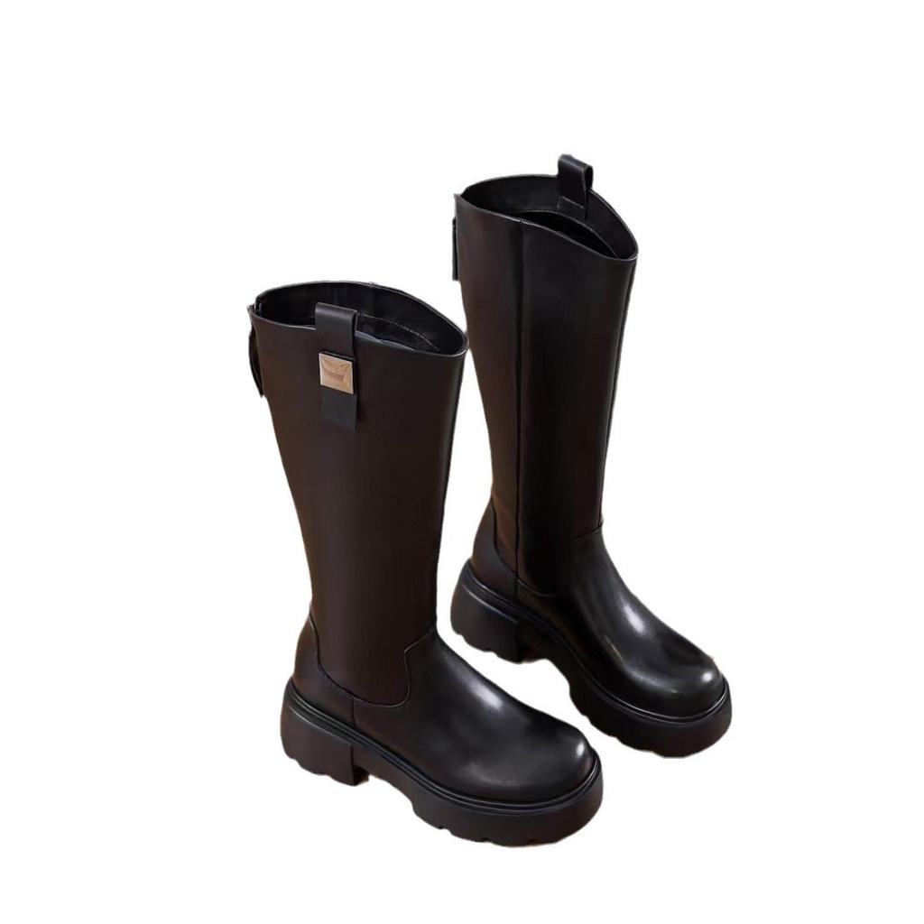 Light bottom first layer cowhide boots women's autumn and winter British style thick heel knight boots round head rear zipper high boots