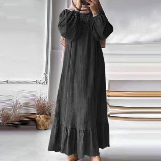 Women Robe Dress Crew Neck Long Puff Sleeves Pure Color Plus Size Patchwork Straight Pullover Casual Middle East Area Traditional Clothes Maxi Dress