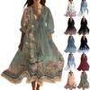 Women's Summer Fashion V-Neck Beach Long Dress Vintage Floral Printed Lace-Up Splicing Dresses