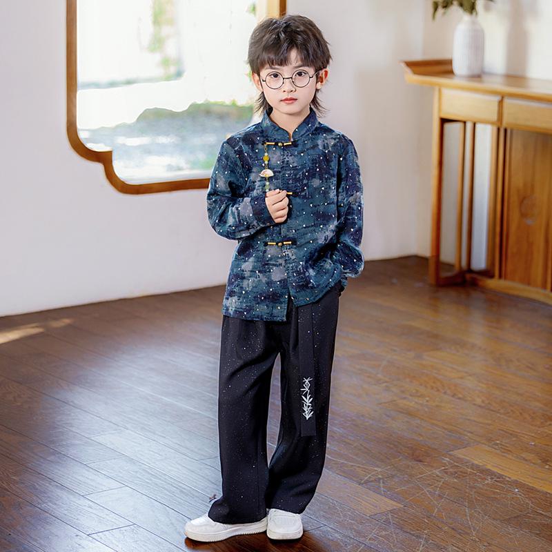 Традиционный китайский костюм ханфу для мальчиков: Стильный наряд для весны/осени, идеально подходящий для выступлений, декламаций и первых дней рождения.