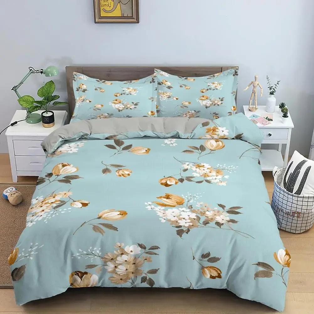 3D Printed Classic Flower Blue Gold Bedding Set Single Twin Double Queen King Cal King Size Bed Linen Set