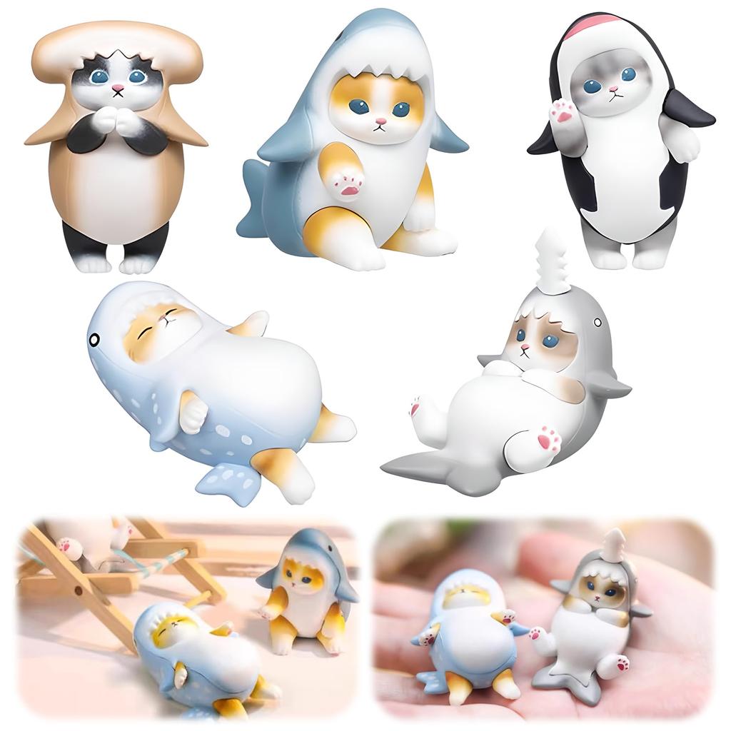 AAGWW Gachapon Toy Anime Figure Cat Toy Set Model Decoration Party Item Cute Decoration Cat COS Shark Cat II (Product Contents 5-Piece Set)