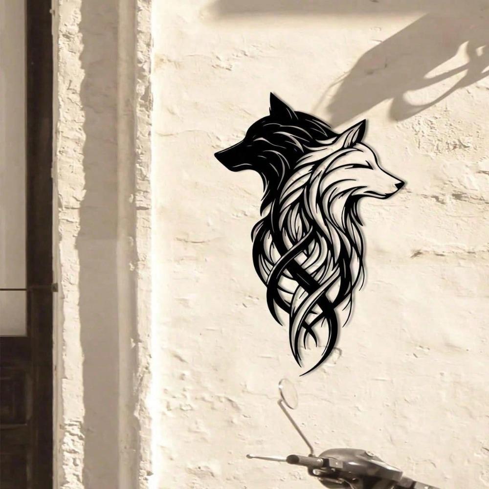2pcs Wolf Metal Wall Decor, Black & White Twin Wolf Head Wall Art, Metal Wolf Wall Hanging, Wild Animal Decoration For Living Room, Office, Bedroom