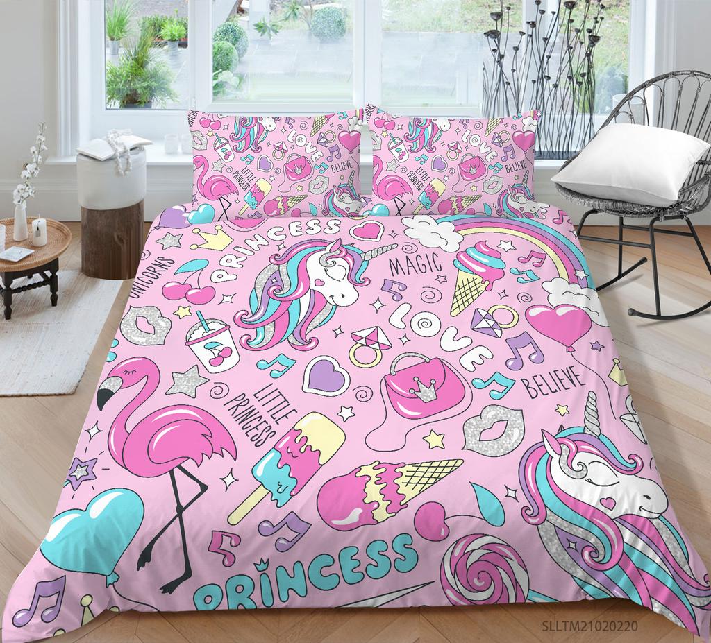 3D Unicorn Theme Bedding Set Cartoon Animal Duvet Cover and Pillow Case 2/3 Pieces Soft Home Decoration for Girls' Room