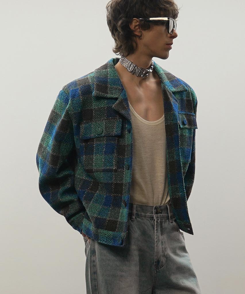Untage Flap Pocket Check Tweed Jacket [Blue(Man)]_Uto-Fb09