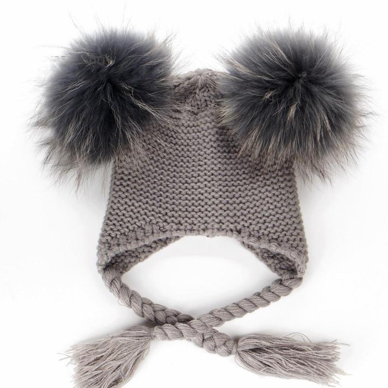 New Autumn Winter Baby Beanie 22 CM Real Fur Pompoms Warm Sleep Wool Cap Kids Clothing Accessories H
