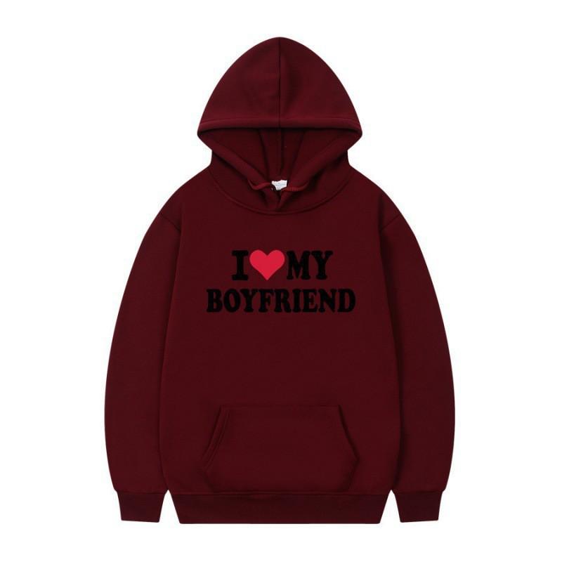 Mens Gothic Streetwear Hooded Sweatshirt With I LOVE MY BOYFRIEND Print Long Sleeve Loose Fit