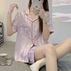 Summer Women's Ice Silk Ins Korean Vertical Stripes Simple Pajamas Homewear Set Girls Short-Sleeved Shorts Loose Suit