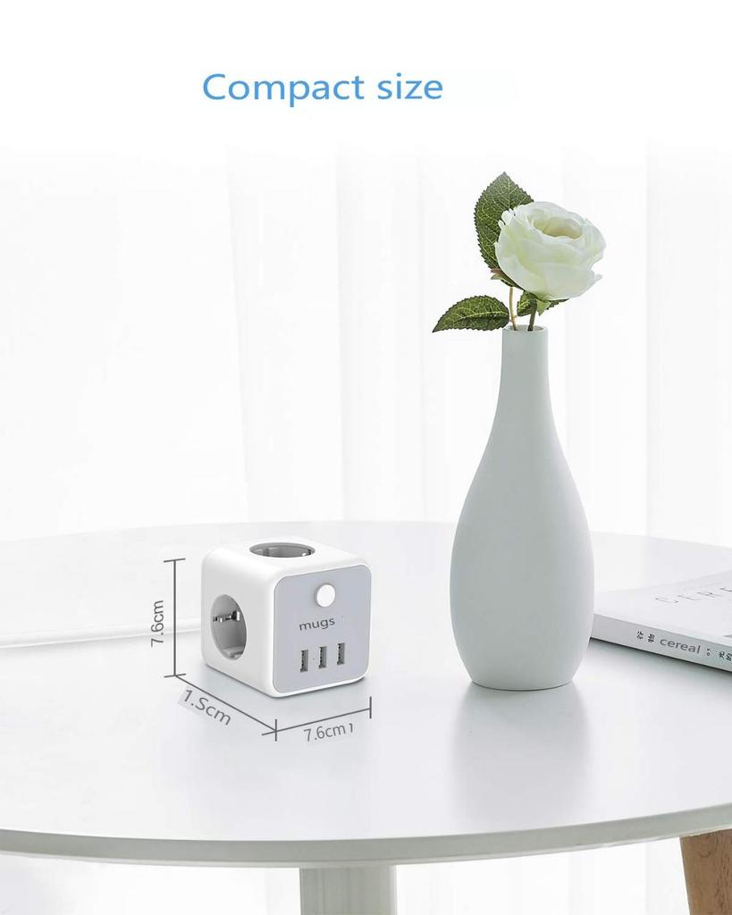 Tessan Power Strip European Multi Plug Cube Socket with Switch 6 Outlets 3 USB Charging Ports 2M Extension Cable for Home