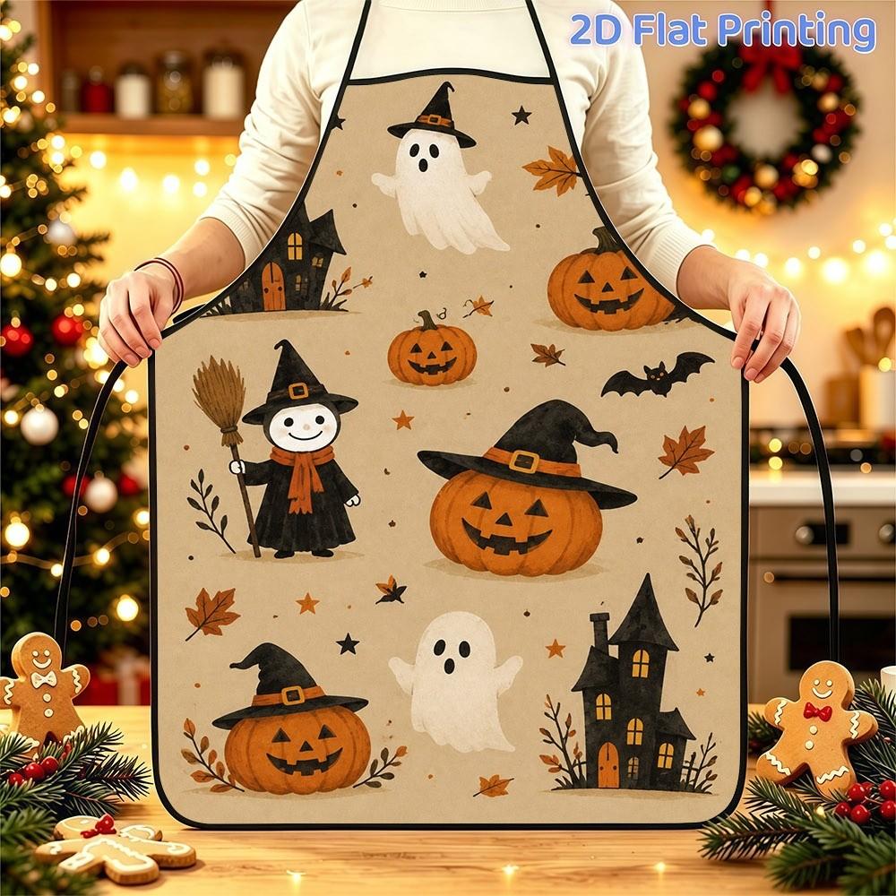 1pc Fun Halloween 2D Printed Polyester Apron with Adjustable Waistband, Size 20.47 X 28.74 Inches (52Cm X 73Cm), Featuring Cute Non-Scary Cartoon Witc
