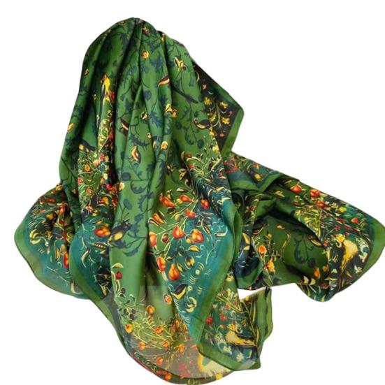 Sunscreen Exquisite Faux Silk Scarf Women Green Peacock Pattern Rectangle Shawl Costume Accessories