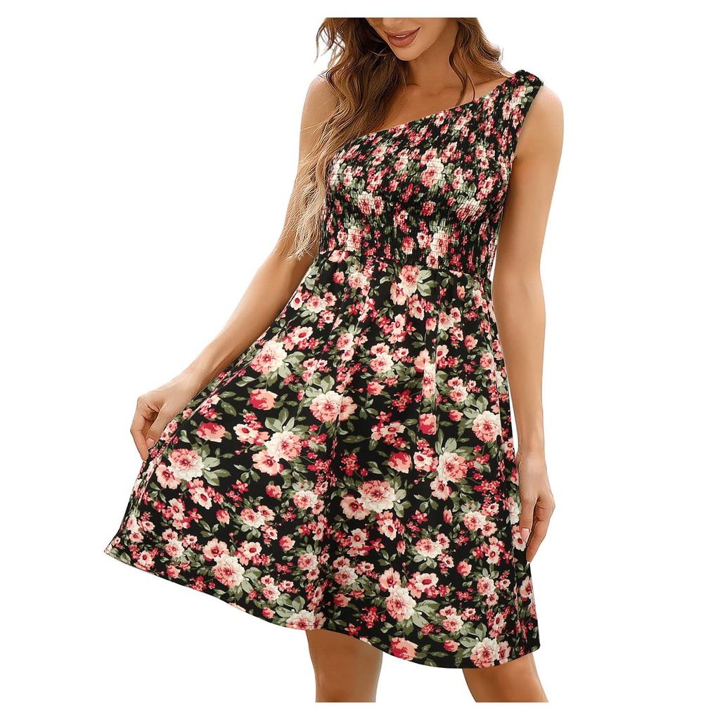 Summer Beach Skirt Floral One Shoulder Medium Length Dress Bohemian Strapless Strapless Dress
