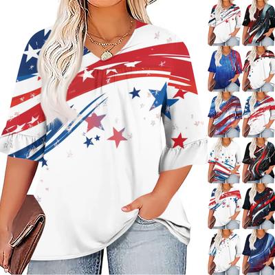 Женская мода повседневная футболка с V-образным вырезом, рукавами-семью, оборками, принтом «День независимости», топы, женские топы больших размеров