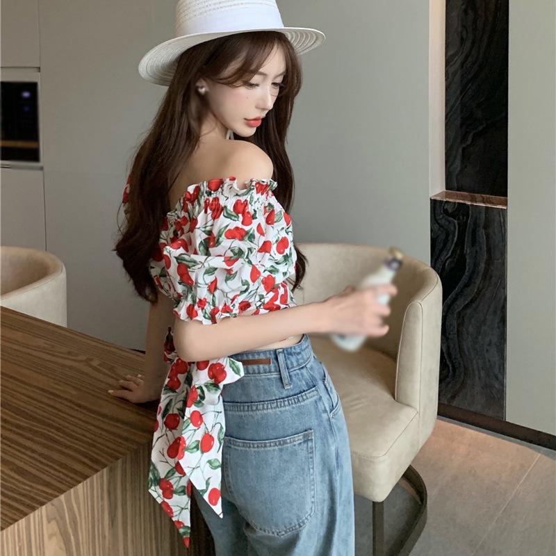 Короткий топ с высокой талией для девочек, женская дизайнерская нишевая летняя рубашка с пышными рукавами и квадратным вырезом с цветочным принтом