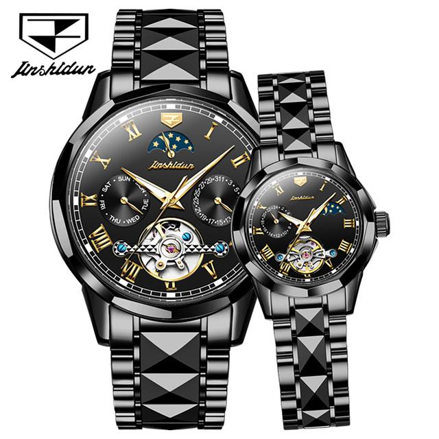 JSDUN Couple Watch Men and Women Automatic Mechanical Wristwatches Luxury Skeleton Stainless Steel Waterproof Lover's Moon Watch