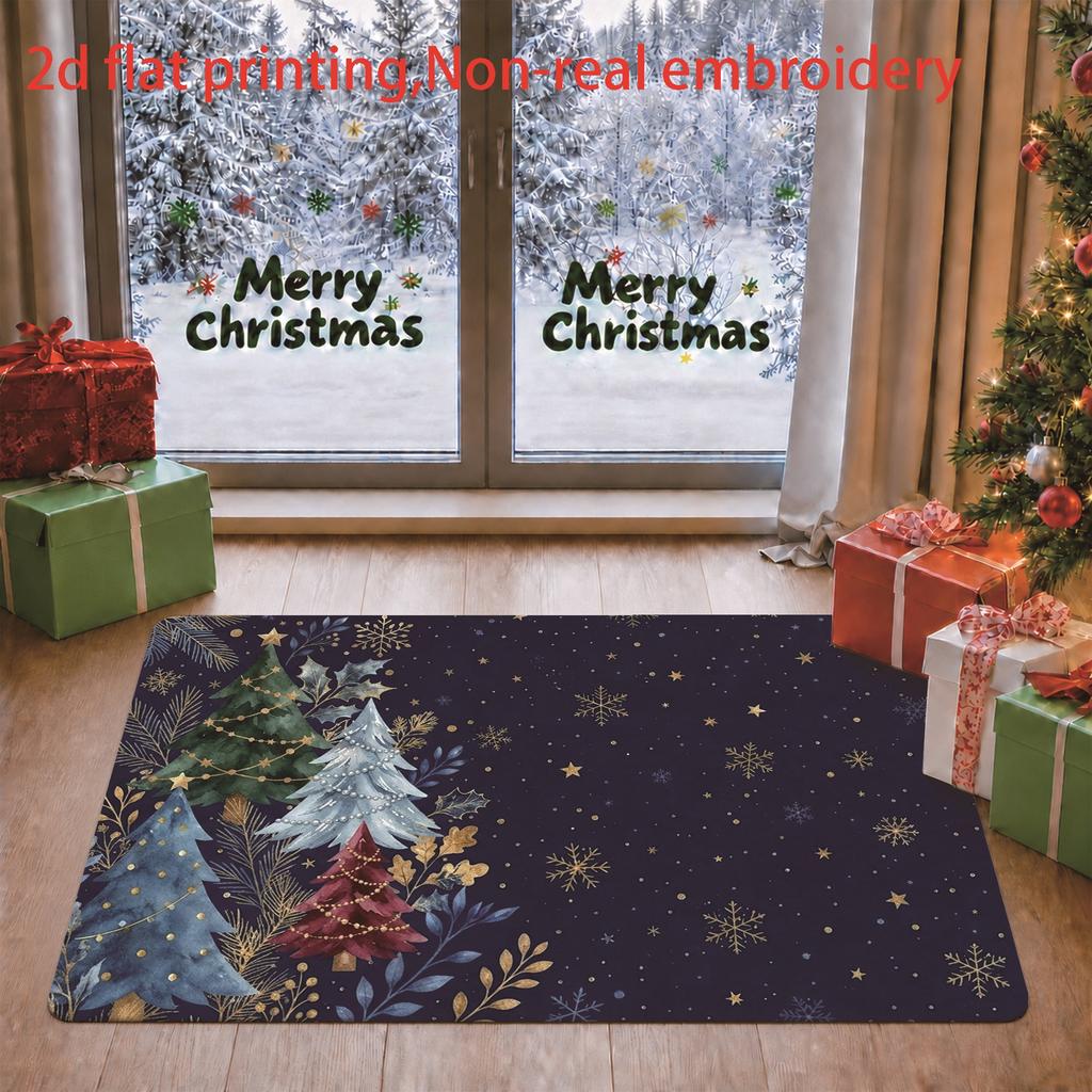 1pc, 2D Flat Printing, Watercolor Christmas Tree and Snowflake Christmas Holiday Atmosphere Living Room Entryway Floor Mat | Non-Slip Machine Washable