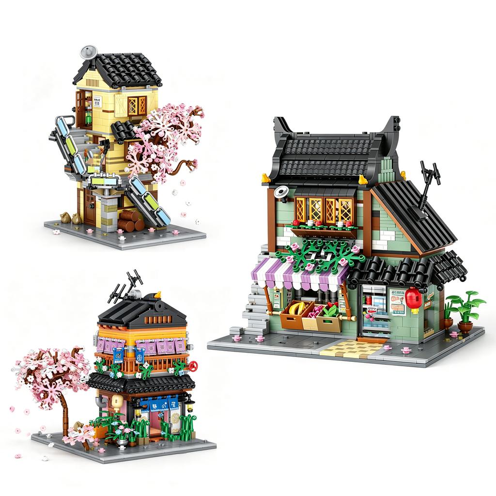 3In1 Japan City Street View Mini Block Ramen Restaurant Apartment Fruits Vegetable Shop Building Bricks Construction Toys