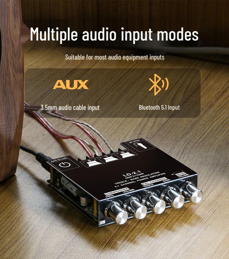 2.1-канальная цифровая плата усилителя с Bluetooth, функциями регулировки высоких/низких частот, супербаса и высокой мощностью для сабвуферов и автомобильных аудиосистем.