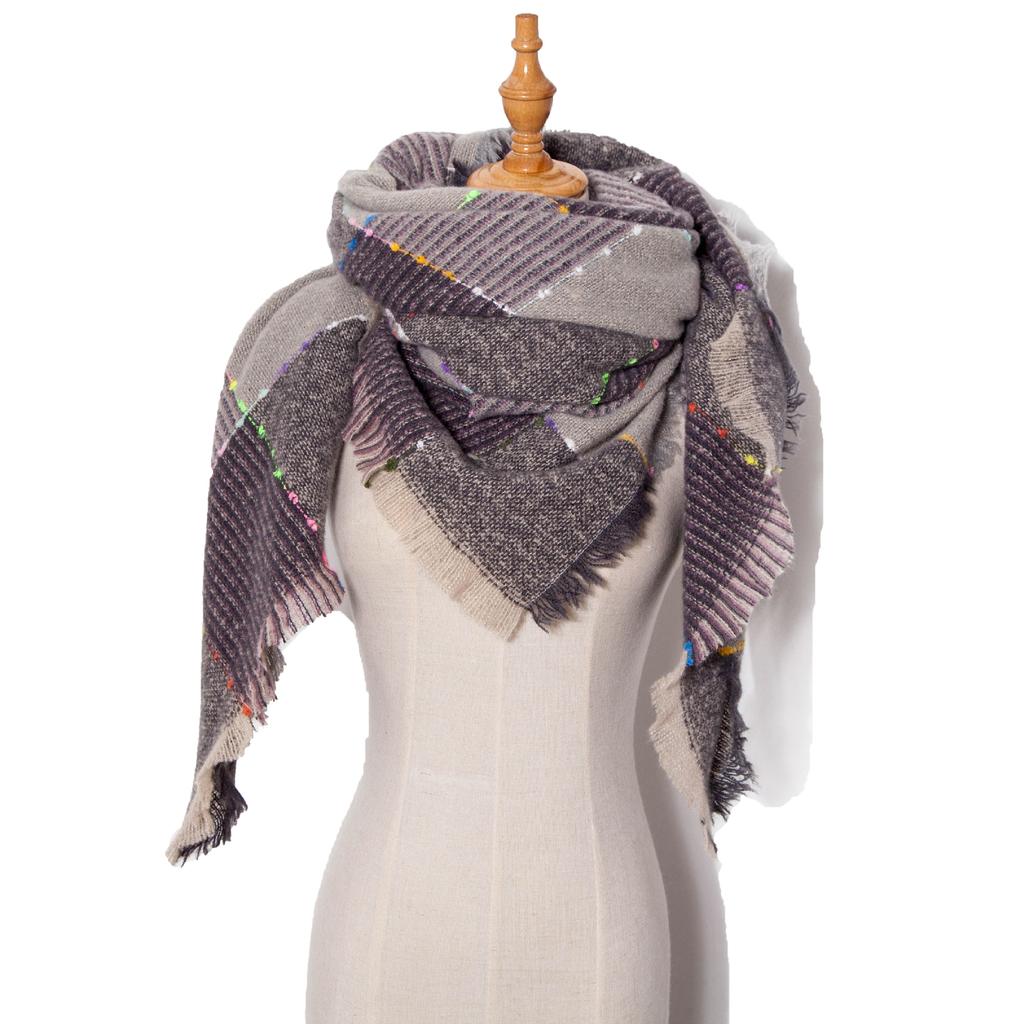 Осенне-зимний шарф с кисточками, женский клетчатый теплый треугольный платок