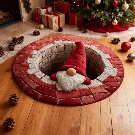 3D Christmas Rug Santa Claus Gnome Quilted Round Floor Mat Optical Illusion Depth Pattern Decorative Area Rug for Living Room Bedroom