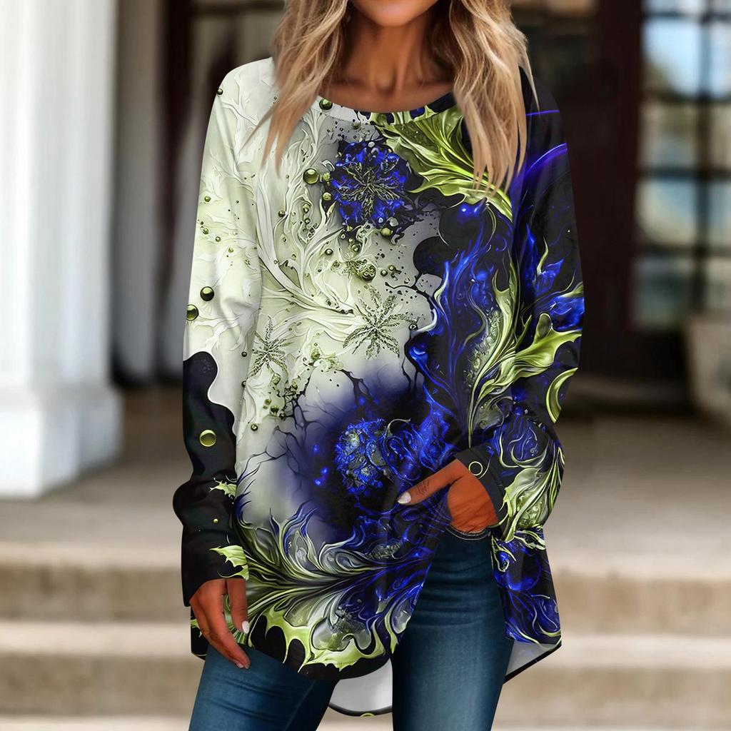 Женская повседневная футболка больших размеров с длинными рукавами и круглым принтом, верхний пуловер