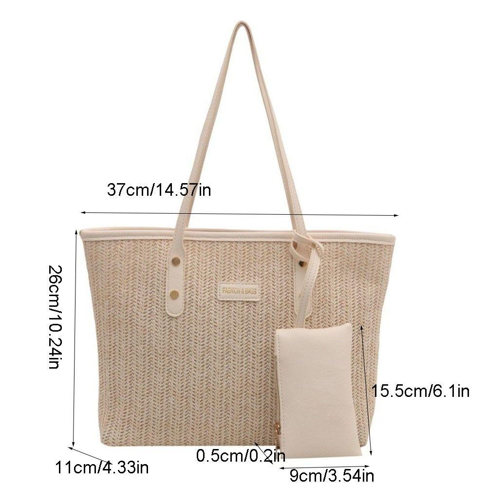PU Weave Tote Bag Solid Color Beach Straw Handbag Simple Straw Shoulder Bag Women