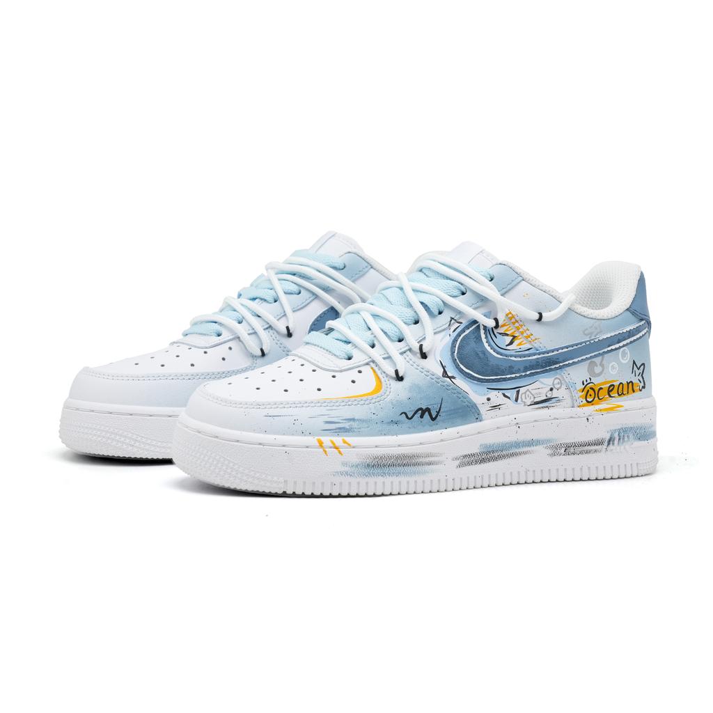 Nike Air Force 1 Ocean Hunting Коровья кожа Износостойкие Нескользящие Низкие Скейтбордические кроссовки Унисекс Синий Белый CW2288-111(Команда997-)