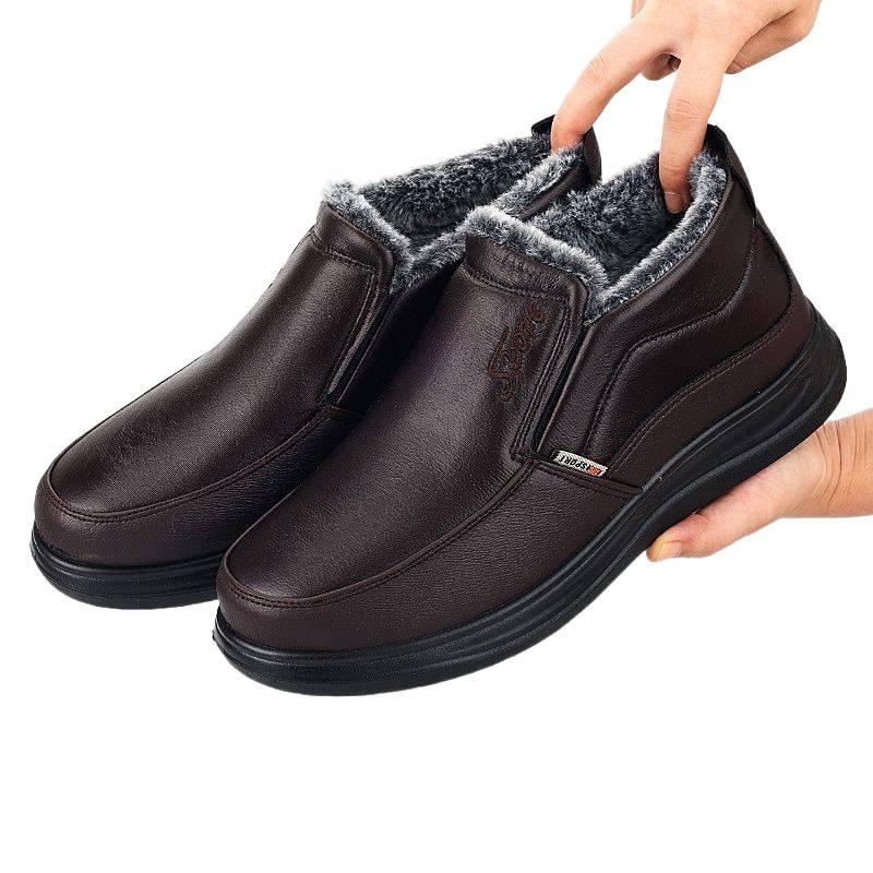 Зимние кожаные теплые хлопковые сноубутсы для среднего и пожилого возраста - Нескользящие, с шерстяной подкладкой, утепленные бархатом кроссовки для пап.
