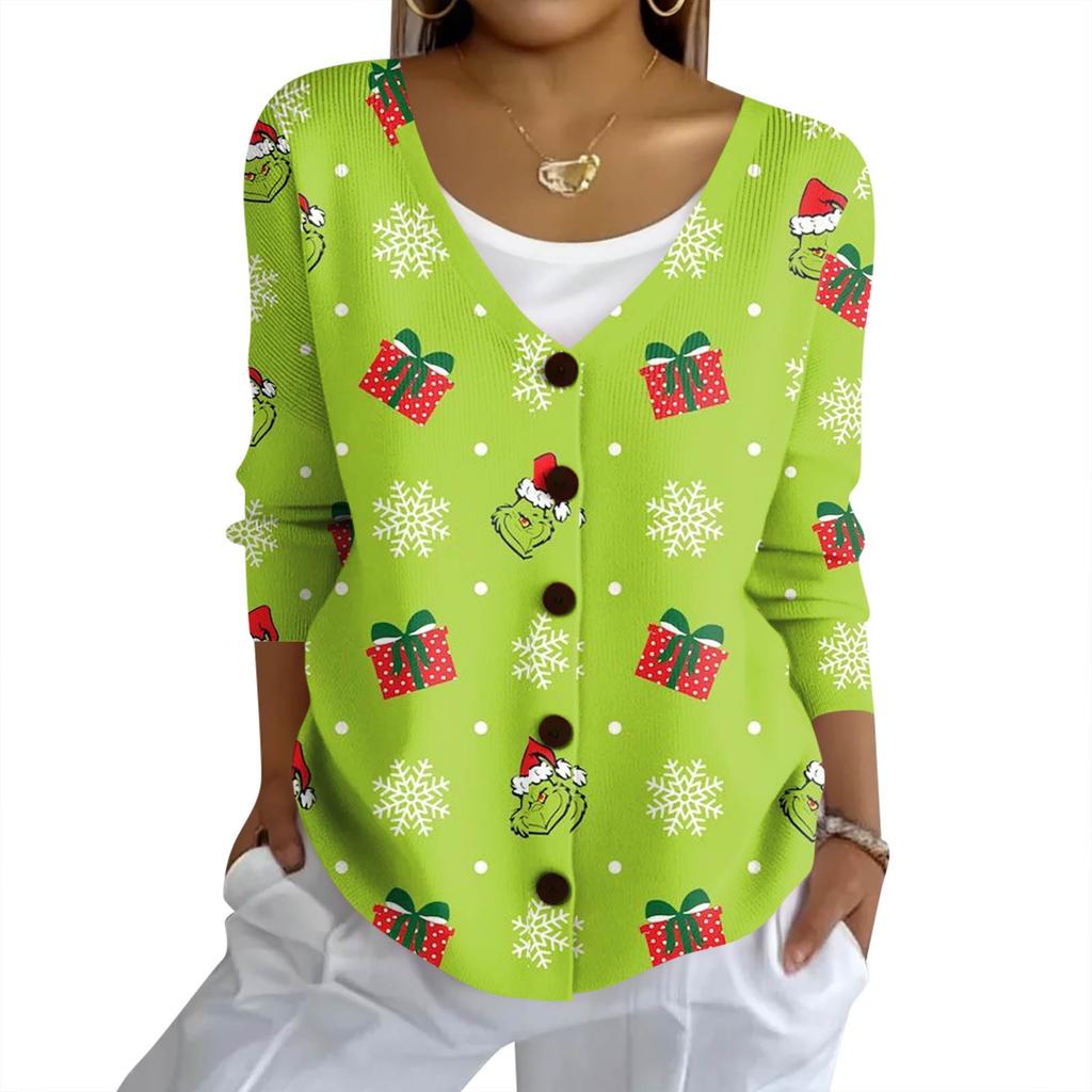 Women's Fashion Casual Knit Sweater Button-Up Christmas Print Cardigan Jacket