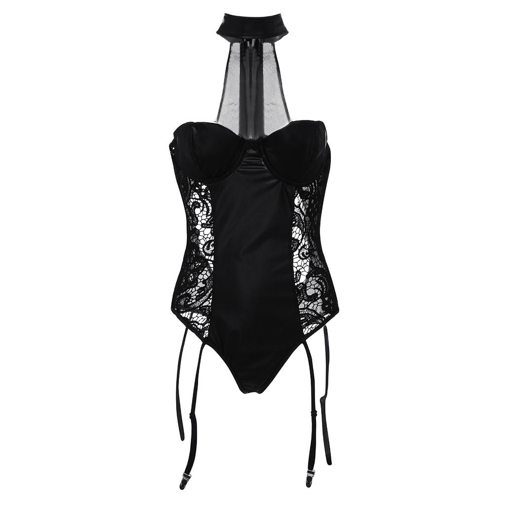 Women Sexy Artificial Leather Underwear Bodysuit Siamese Lingerie With Garter