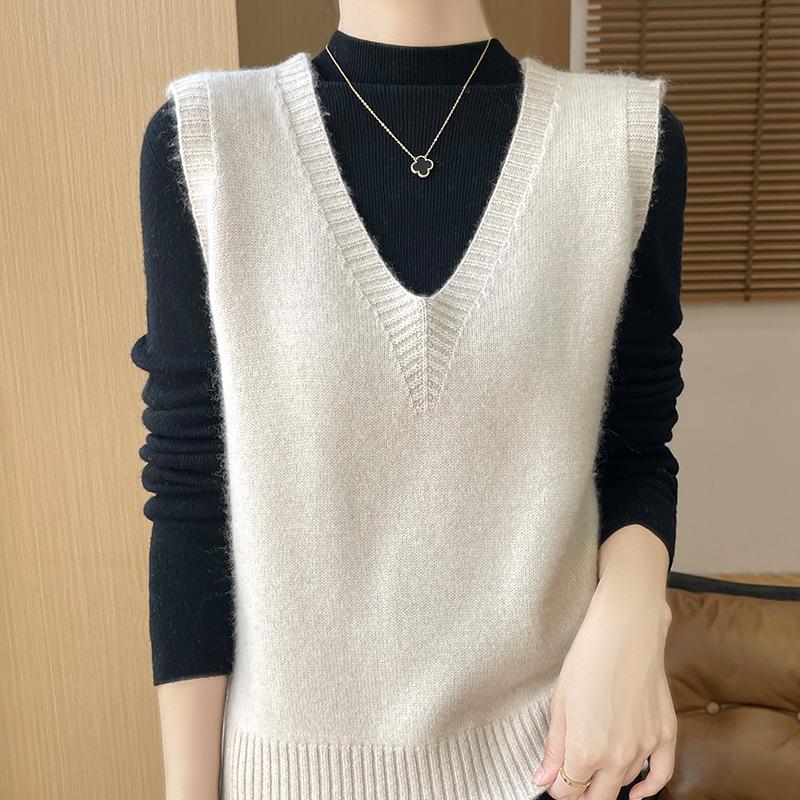 Кашемировый вязаный жилет с V-образным вырезом: Свободный крой, без рукавов, простой пуловер