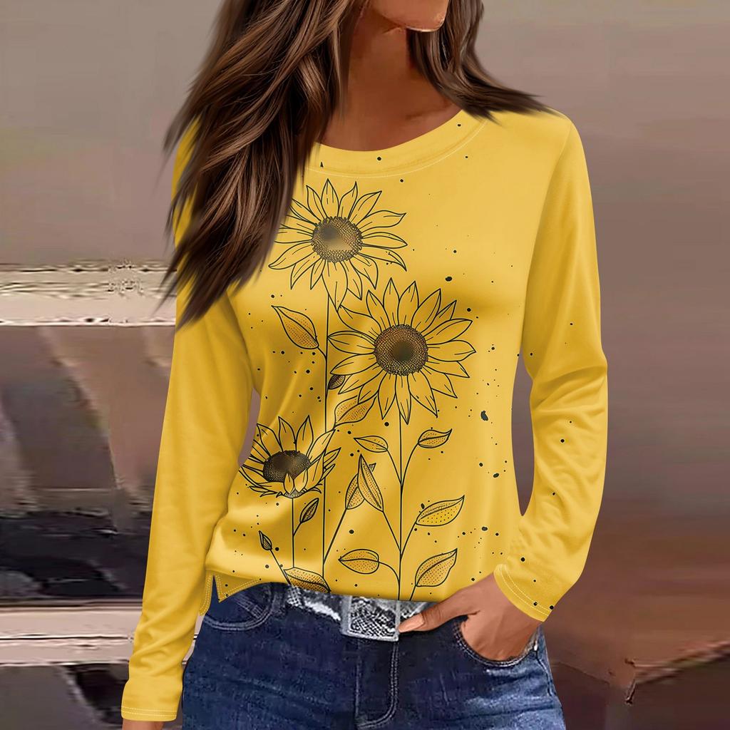 Women's Fashion Casual Slit Hem Round Neck Long Sleeve Loose Printed T-Shirt Ladies Top
