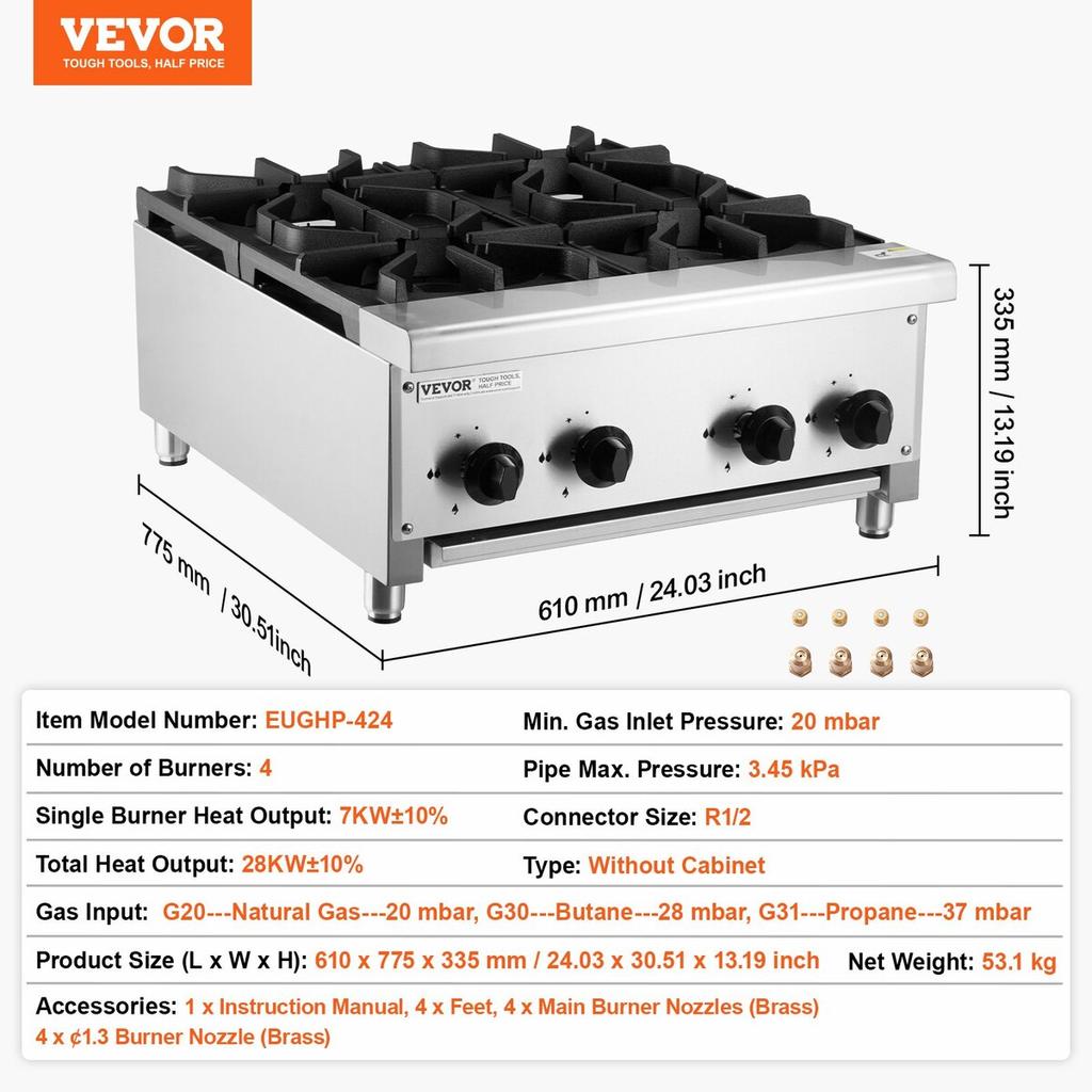 Commercial Gas Range Stove 4 Burners Countertop Cooking Hot Plate Kitchen