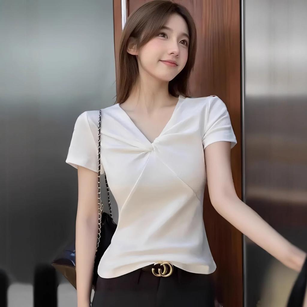 Футболка с V-образным вырезом спереди на плечах и перегибом, женская летняя, новая, в чистом стиле, с короткими рукавами, нижняя часть рубашки для женщин