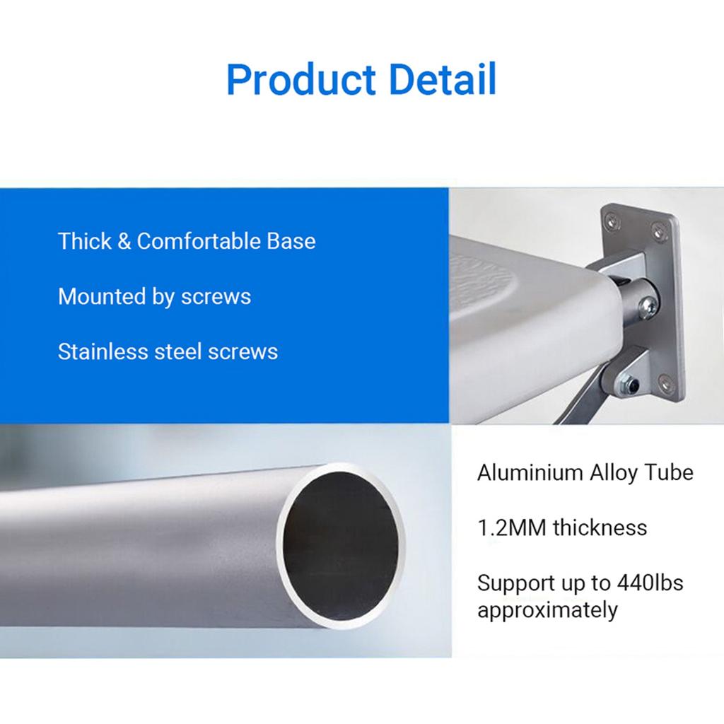 Folding Shower Bench Wall Mounted Flip Up Bath Seat Screw In Bathroom Chair Stool with Non Slip Feet Drainage Holes