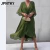 JPNTKY Модные летние весенние однотонные принтованные платья с коротким рукавом и V-образным вырезом Повседневные платья Международный дизайн