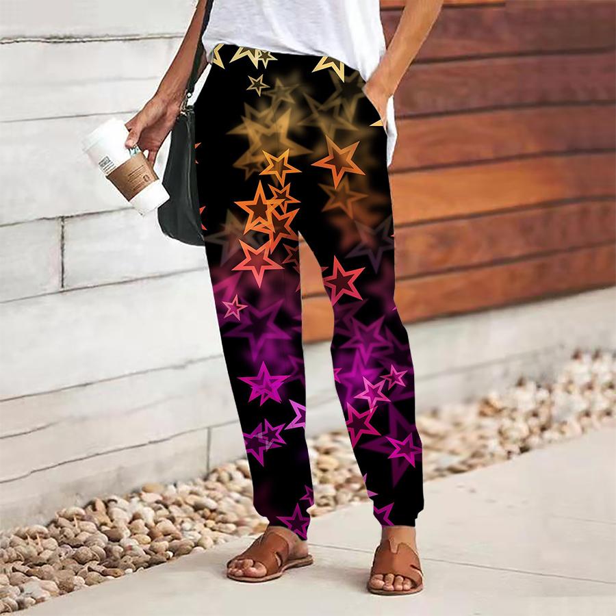 Women Pentagram Printing Pants Lace Up Elastic Waist Loose  Trousers Casual Long Pants Trousers with Pockets