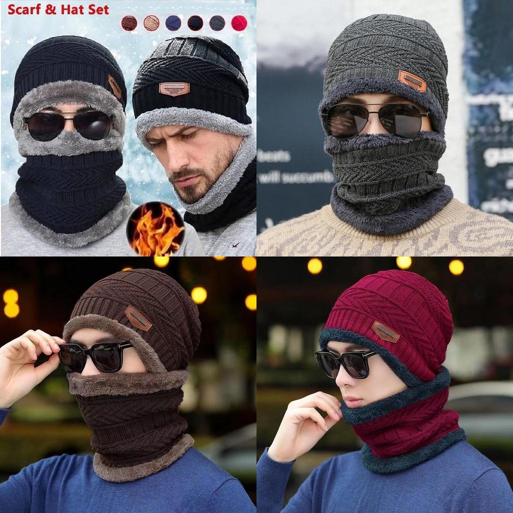 Mens Winter Beanie Hat And Scarf Set Warm Fleece Knitted Cap Unisex Couple