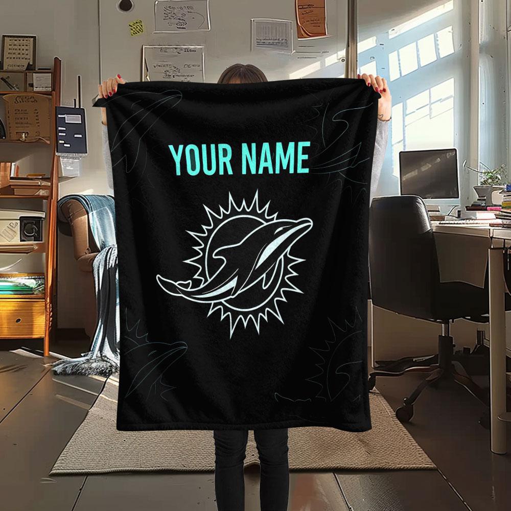 Custom Name,Miami Dolphins Printed Flannel Blanket, soft throw for bedroom sofa, washable, Christmas present, great gift.