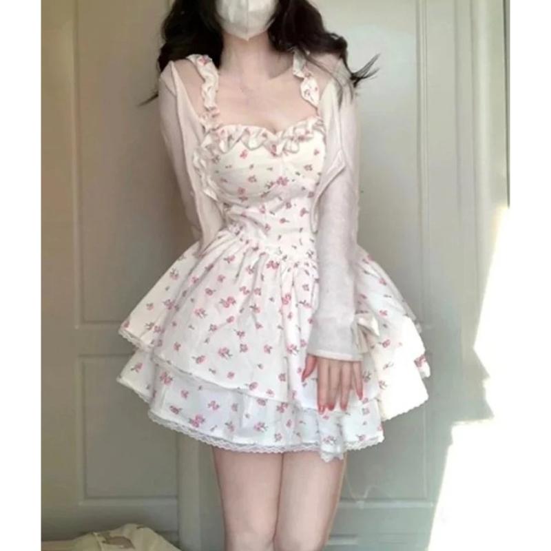 Кружевное милое платье Kawaii, женское винтажное элегантное милое мини-платье без рукавов с женским принтом, корейское модное платье на бретелях, новинка 2024 года, лето